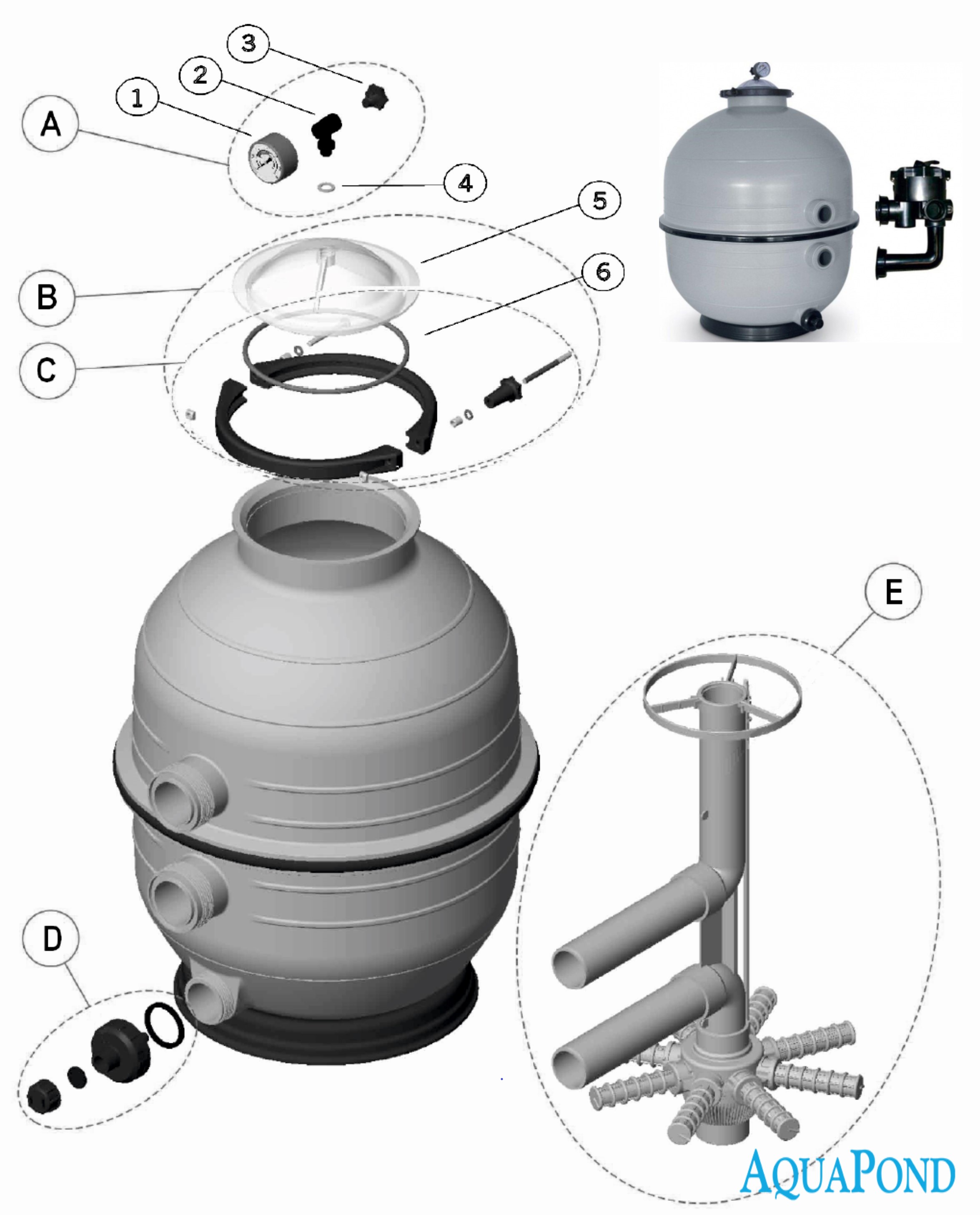 Well2wellness Pool Filterkessel TOP 500 – Ø500 Mm In Blau | Mit Düsenkreuz, Entleerhahn & Manometer