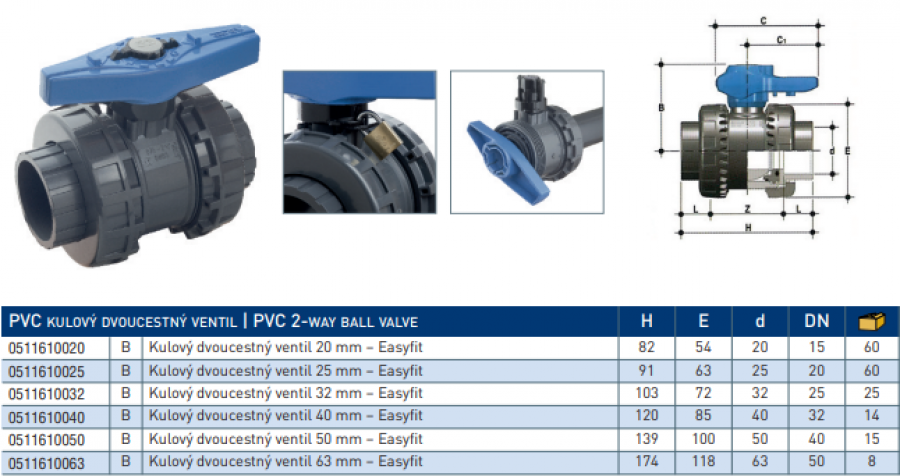 PVC gulovy dvojcestný ventil Easyfit