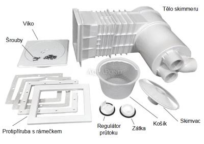 Skimmer VA, suction opening 215 mm x 160 mm, extended neck, with brass threads, for liner pools