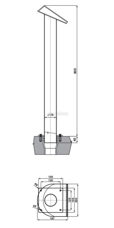 Spout, high crescent, 200 mm, 75 mm connection, AISI 316, water jet downward