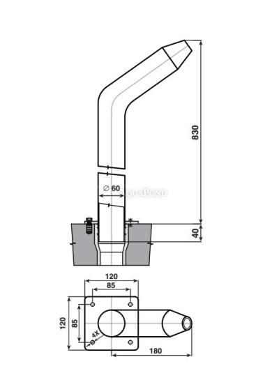Water feature, high nozzle, D 25 mm, connection 63 mm, AISI 316, upward water flow