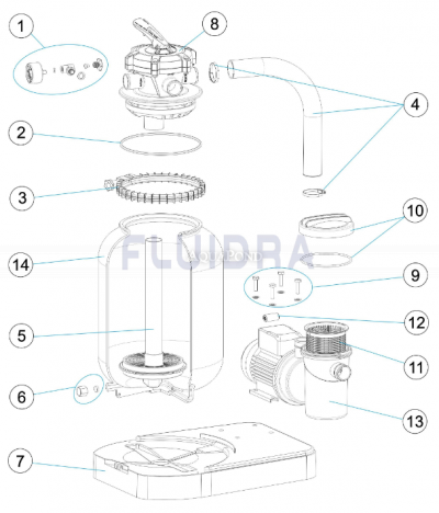 Pièces détachées pour appareil de filtration SkyPool 400 sur palette avec pompe P-XPERT 6,6 m3/h, avec vanne cinq voies, avec tuyau de raccordement