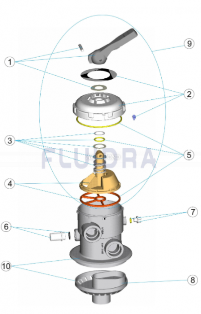 Pièces de rechange pour Astralpool vanne supérieure à six voies pour filtres pour récipients sous pression Cantabric et Millenium - raccord 1 ½"