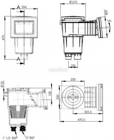 Skimmer 17,5 l avec col standard et biseau 6°, avec filetage en laiton, pour piscines liner et préfabriquées à parois inclinées