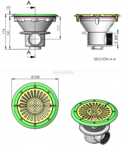 Podni ispust Ø 210 mm s rešetkom od ABS plastike, boja svijetlo siva (RAL7004), za bazene s folijom i montažne bazene