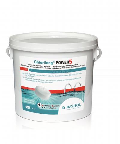 BAYROL Chlorilong POWER 5 - 5 kg, tabletki chlorowe (trichlor) 250 g w połączeniu z chlorem i stabilizatorem twardości wody, środek przeciwglonowy