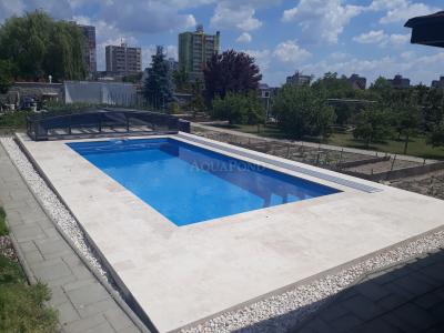 Acoperiș VIVA cu o singură șină pentru piscina Compasspools Briliant 74, dimensiunea interioară a acoperirii: 3,75 m x 7,50 m