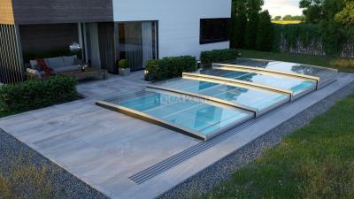 Acoperișul PARADE LOW pentru piscina Compasspools Fun 74, dimensiunea interioară a acoperirii: 3,75 m x 7,50 m