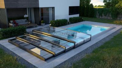 Acoperișul PARADE LOW pentru piscina Compasspools Briliant 66, dimensiunea interioară a acoperirii: 3,70 m x 6,65 m