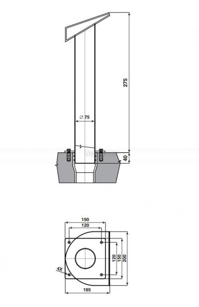 Chrlič, pólmesiac nízký, š 250 mm, prúd vody nahor, pripojenie 75 mm, lesk_rozmery