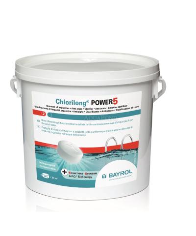 BAYROL Chlorilong POWER 5 - 5 kg, kombinirane 250 g klorove tablete (triklor) s stabilizatorjem klora in trdote ter sredstvom proti algam