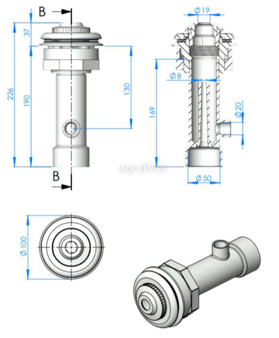 Astralpool hidromasažna šoba s prehodko dolžine 275 mm, za prefabricirane bazene